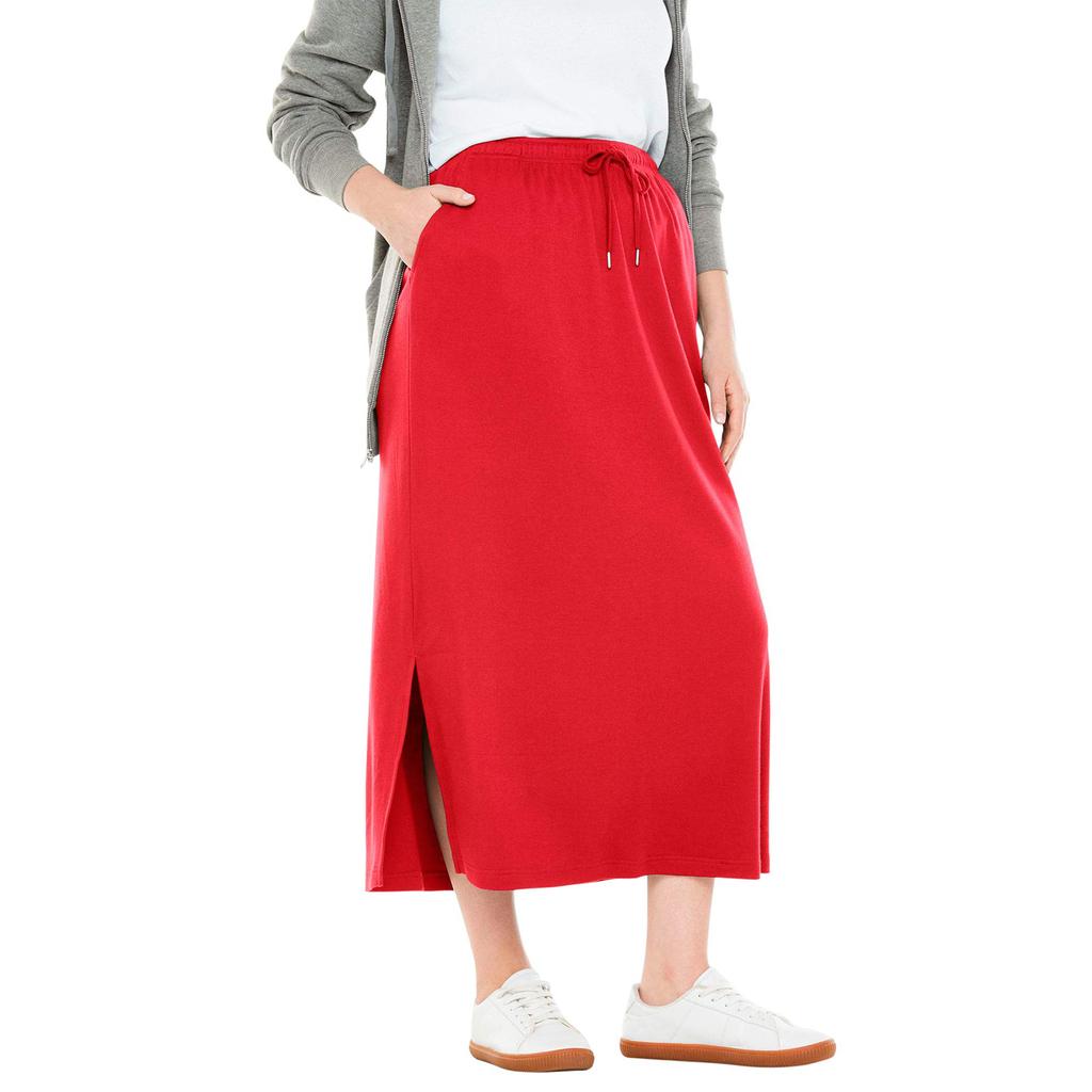 Womens Casual Maxi Skirts High Waist Trendy Drawstring Side Slit Skirts With Pockets