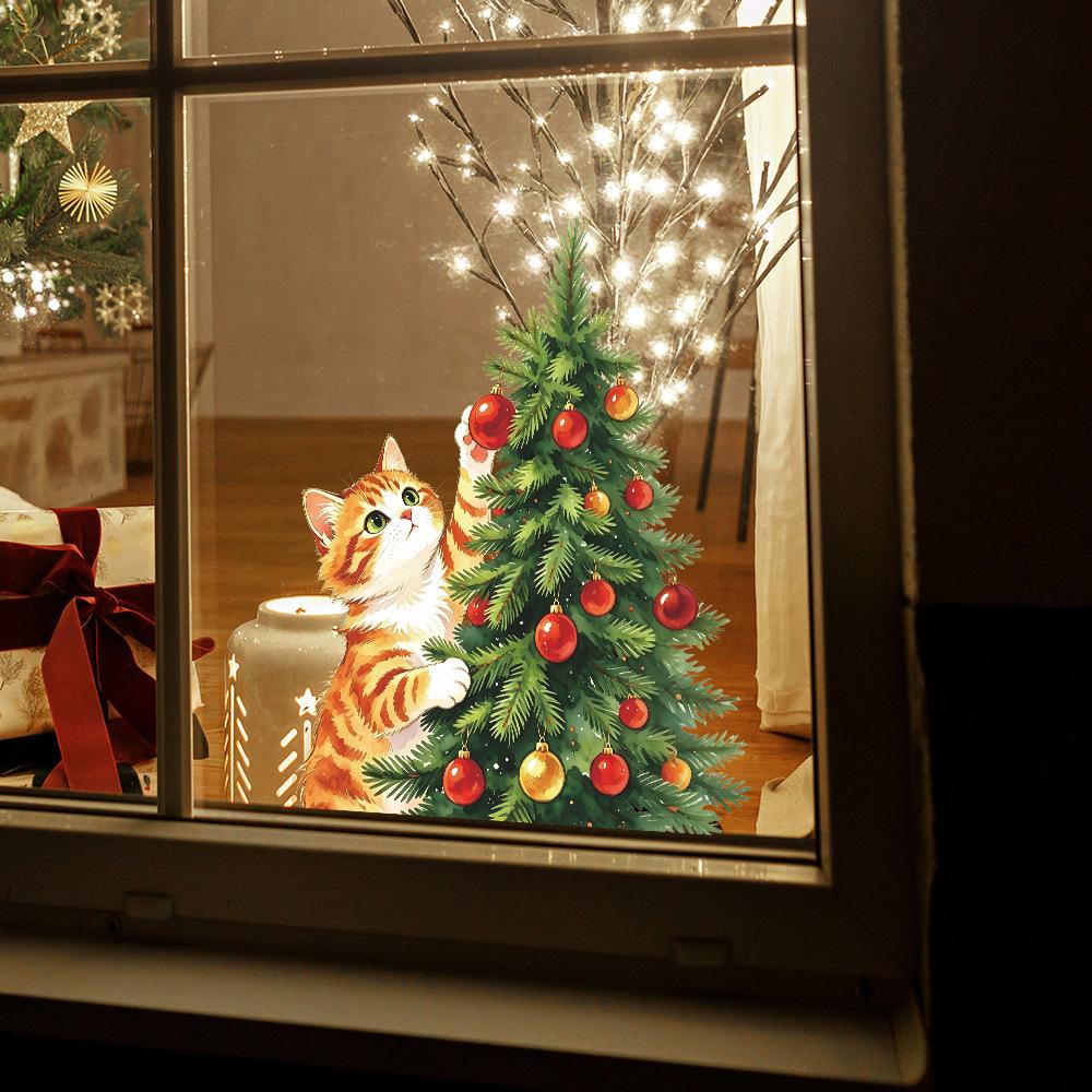 Cartoon Painted Cat Christmas Tree Glass Window Home Decoration and Beautification Window Stickers
