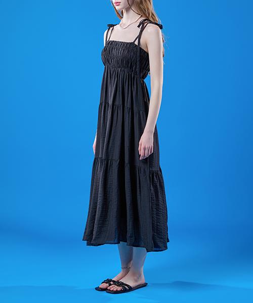 KOLEAT Daisy Rustling Ribbon Summer Frill Layered Sleeveless Dress [Black] Kcl.