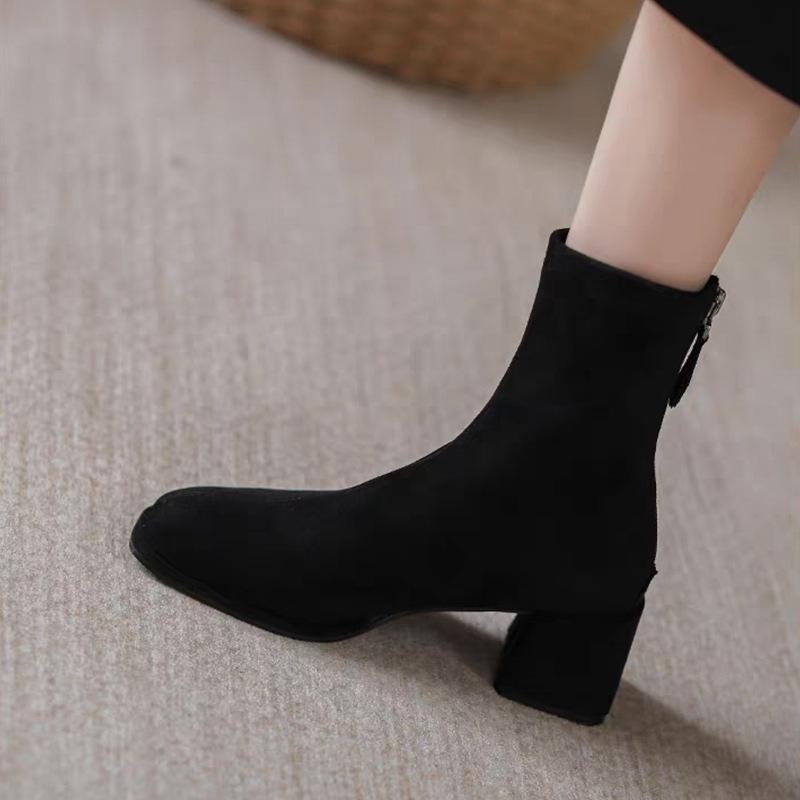 French suede high-heeled short boots women's autumn and winter 2025 new thick heel square head thin boots Martin women's boots socks boots