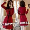 PHOLEEY Red Knit Dress with Black Lines and Long Elegant Women's Buttons, Sleeves,
