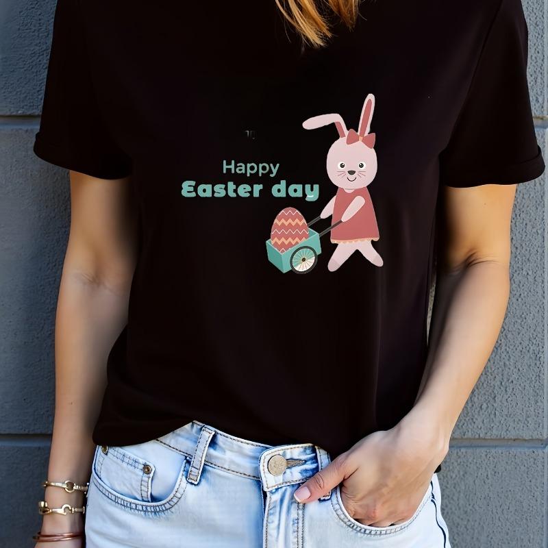 

Women and Mens Casual T Shirt Pink Bunny Pushing Cart with Patterned Egg Easter Design Crew Neck S чёрный