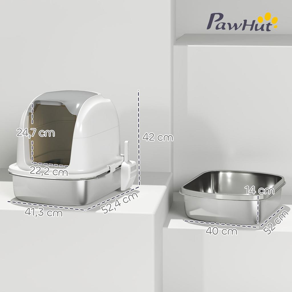 Litière pour Chat en Acier Inoxydable avec Couvercle, pour Chats, Litière Fermée pour Chat avec Couvercle à Rabat, Pelle