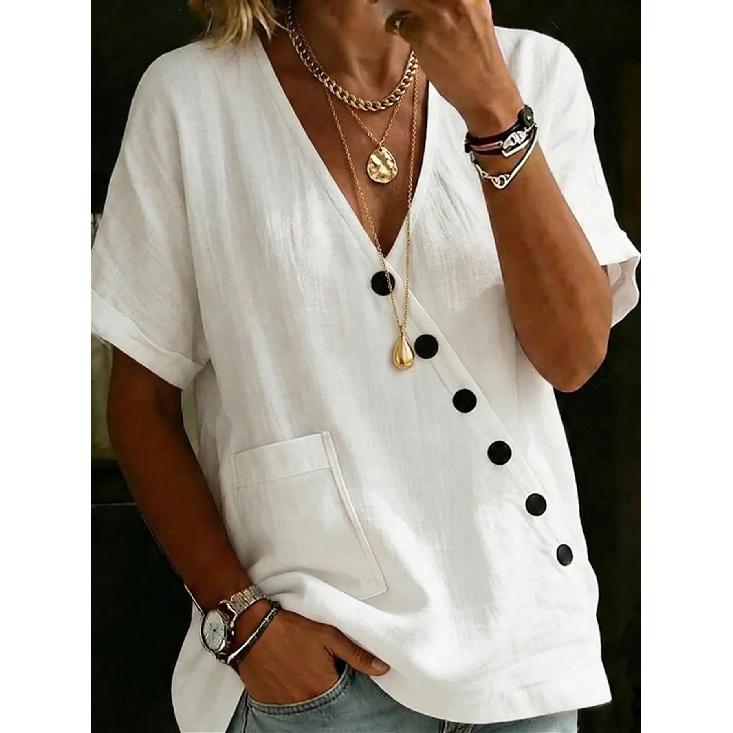 2026 Women s Shirt Top V-neck Solid Color Casual Comfortable Buttoned Cotton Linen Shirt S белый