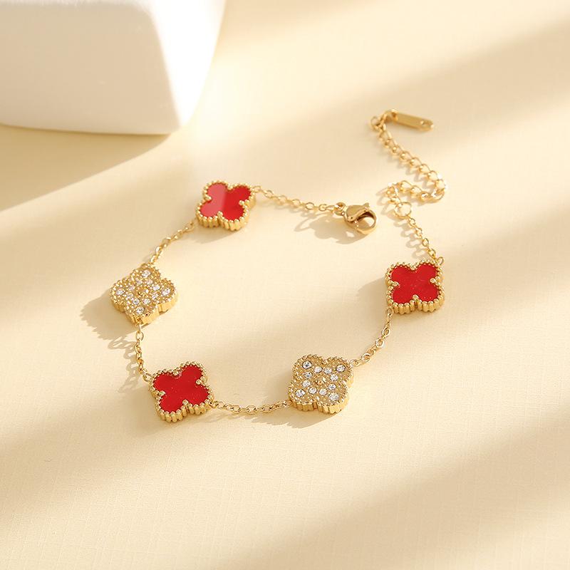 Double-sided Mother-of-pearl Lucky Five-flower Four-leaf Clover Bracelet Light Luxury Fashion Ins Style Non-fading Ladies Bracelet