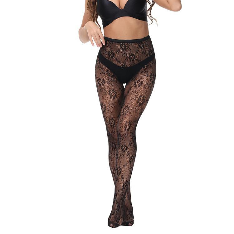 Spring and Summer Thin Four-season Base Stockings with Floral Pattern, Black Long Jacquard Hollow Lace Stockings3078