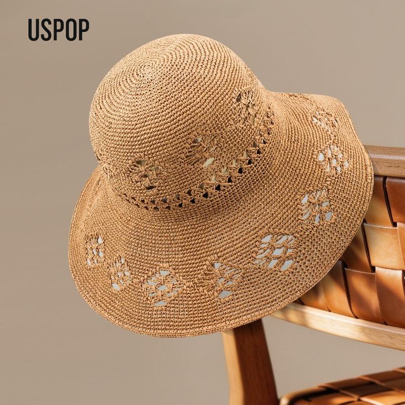 My Extreme Outdoor Activities Women's Coffee Uspop ’S Handwoven Paper Straw Bucket Hat Openwork Floral Pattern Foldable Sun Hat With Shapeable Brim 54-58Cm