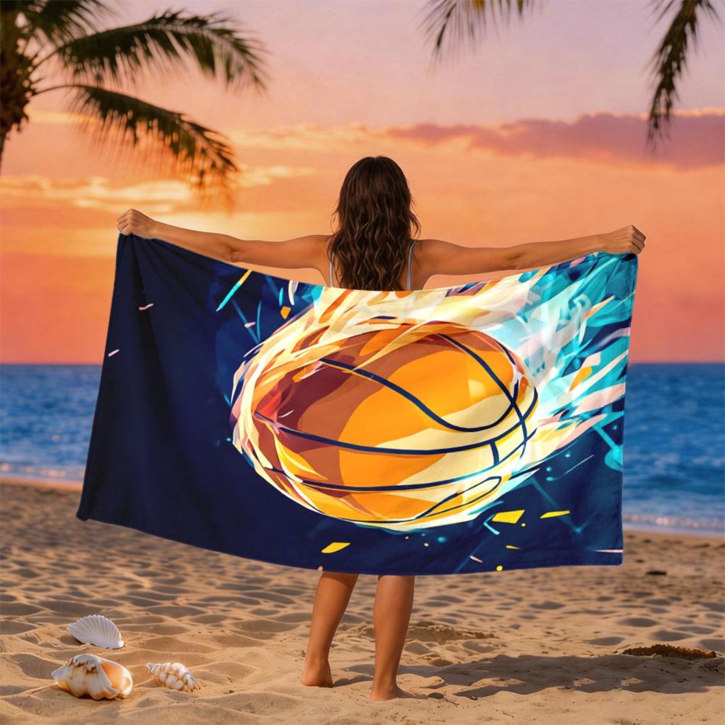Dynamic Flame Basketball Theme Design Polyester Microfiber Beach Towel Is Highly Absorbent, Suitable for Swimming Beach Outings