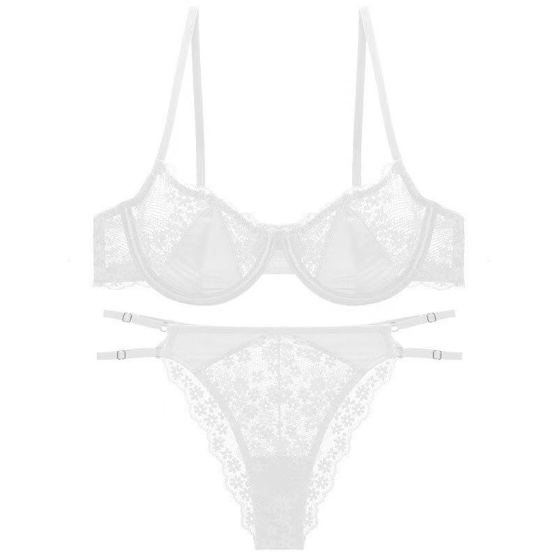 French Lace Half-Cup Bra Set: Ultra-Thin, Sexy Design for Enhanced Pure Desire and Anti-Sagging, Perfect for Big To Small Chest Transition.