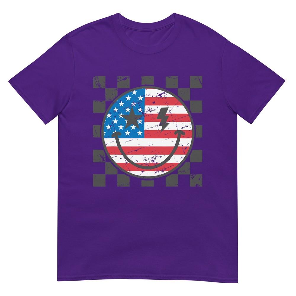 Happy 4th Of July Groovy Smile Face Red White Blue Usa Tshirt