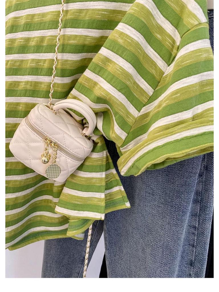 Plus Size Green Striped Short Sleeve Women's Summer T-Shirt - Lightweight, Loose Fit