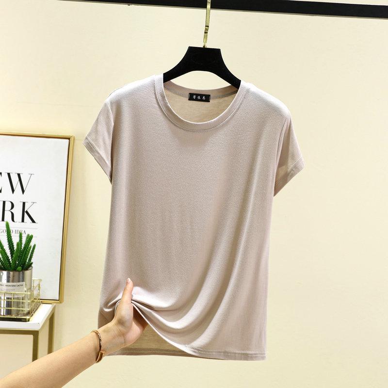 Plus Size Women's Slim Fit Solid Crew Neck Modal T-Shirt - Korean Style Summer Top