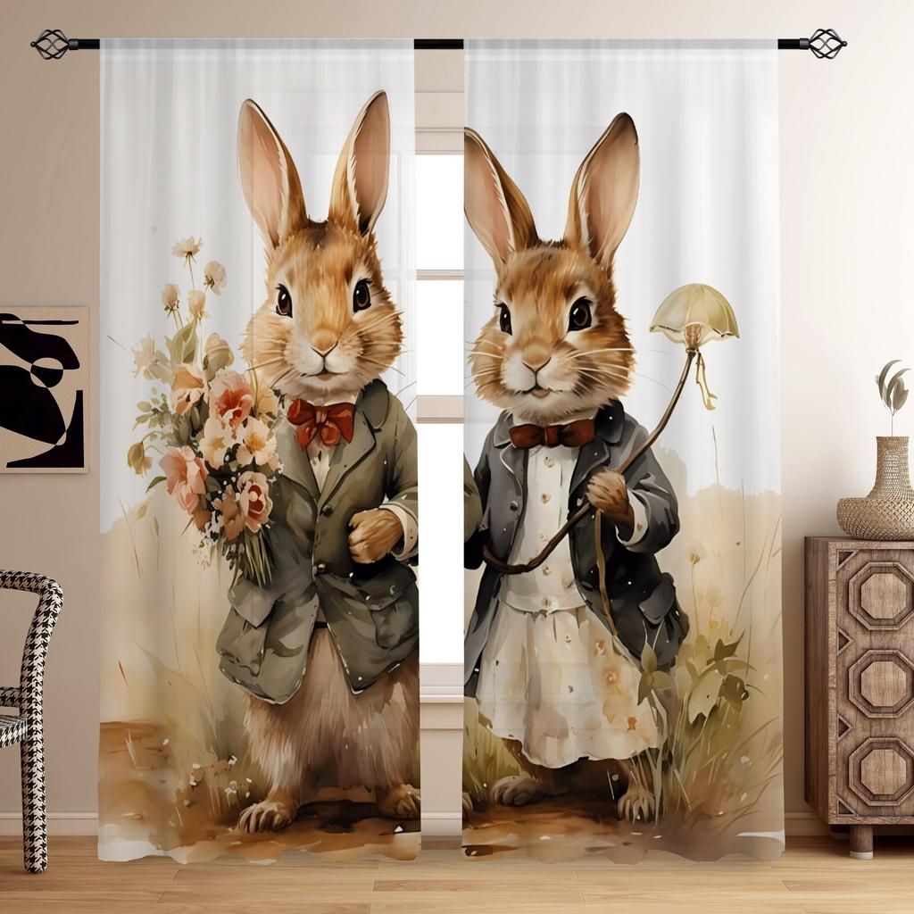 Set Easter Rural Rabbit Couple Print Design Semi-transparent Curtains Living Room Game Interior Room Bedroom Multi-scene Polyester