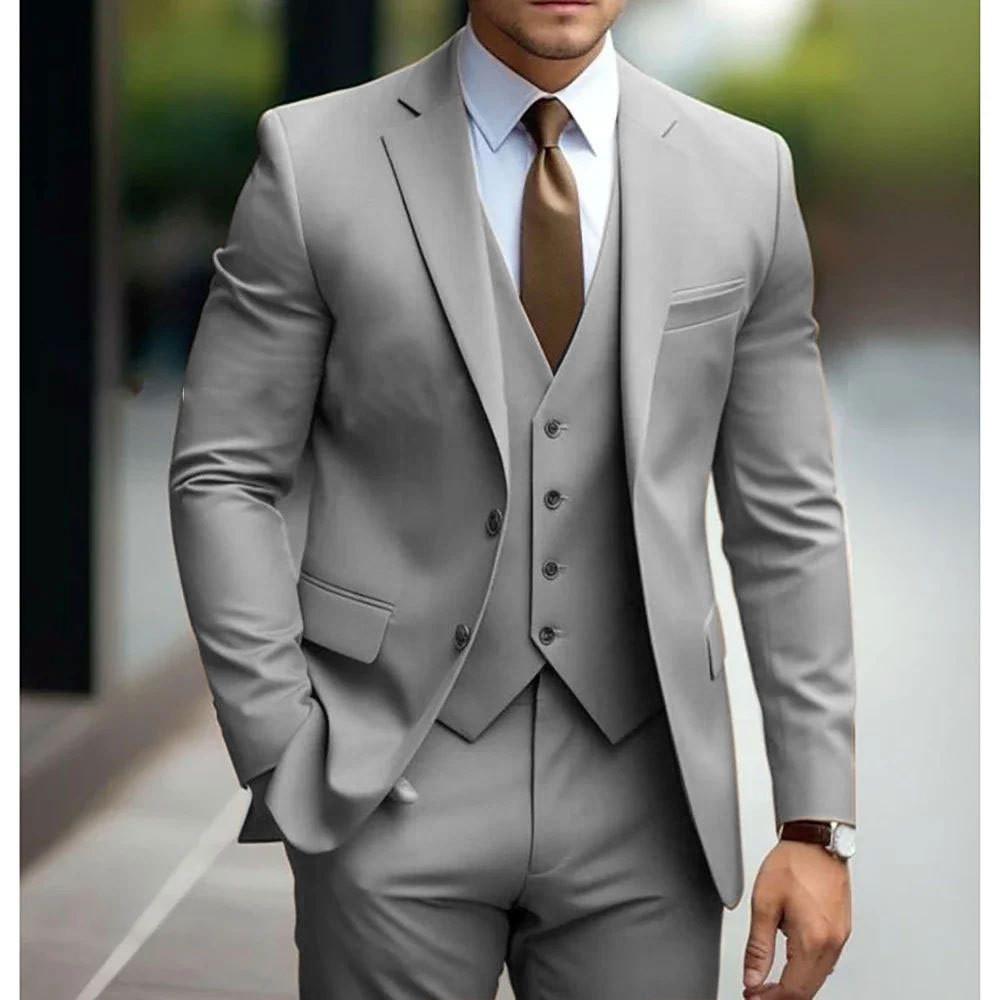 New Men's Suits Formal Outfits 3 Pcs Elegant Single Breasted Notch Lapel Formal Blazer Slim Fit Costume (Jacket + Vest + Pants)
