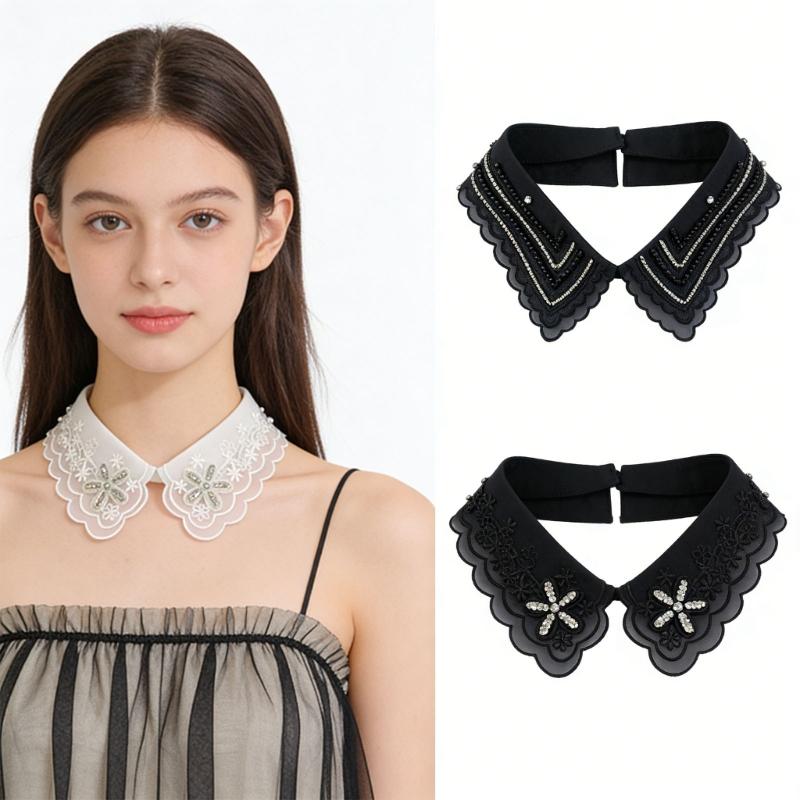 Jeweled Rhinestones False Collar Beaded Lace Spread Lapel Graceful Art Collar Sweet Shawl False Decorative Shawl