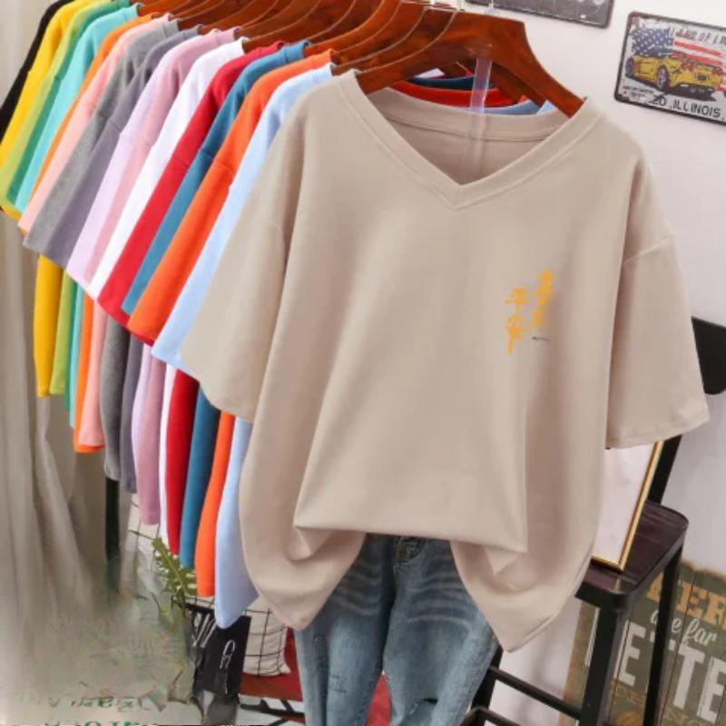 

Футболка з коротким рукавом, Вільного крою, Приталена футболка з V-подібним вирізом з принтом для жінок 5XL абрикосовий