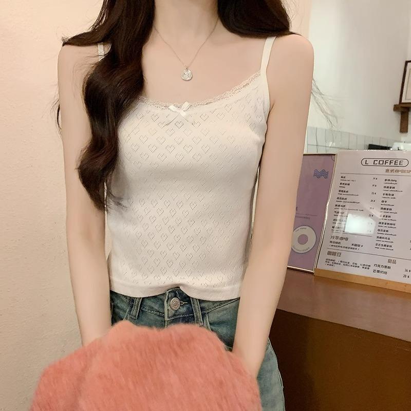 Lace Patchwork Base Camisole Women's Spring New Suit with Bow Underneath Sexy Slim Top