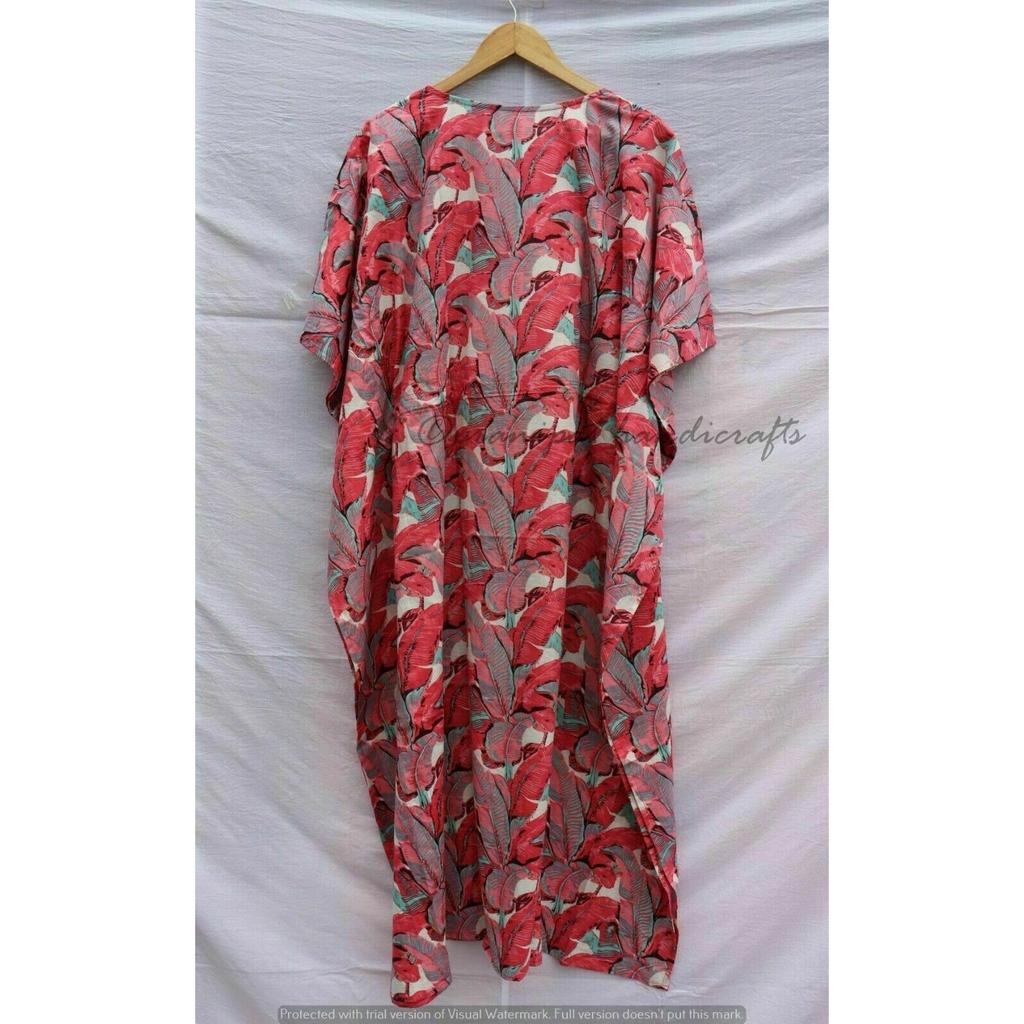 Indian Red Long Leaf Print Cotton Hippie Maxi Women Boho Nightwear Caftan Dress CKFTN-SCRN-FULL-BUYIT-011