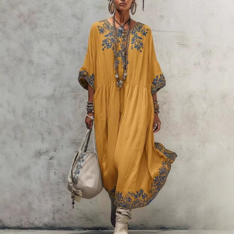 Summer European Style Women Clothing Loose Fit Fashion Elegant Round Neck Print Maxi Dress