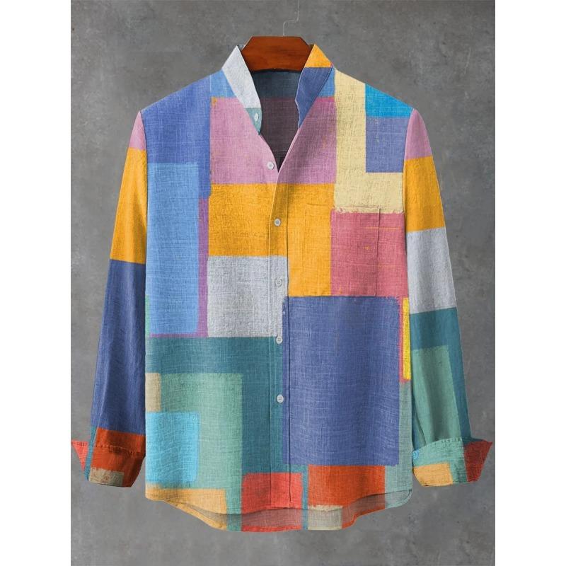 Moda Uomo Primavera/Estate Stile Graffiti Manica Lunga Lino Camicia Color Block Casual Street Trendy Abbigliamento