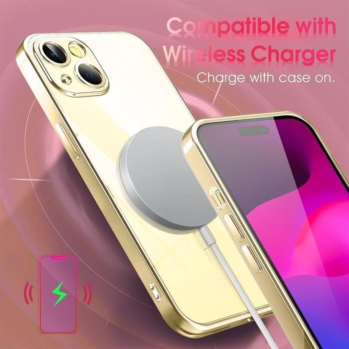 Coque pour iPhone 15 Plus, Protection Silicone Transparent avec Contour Doré + 2 Verres Trempés