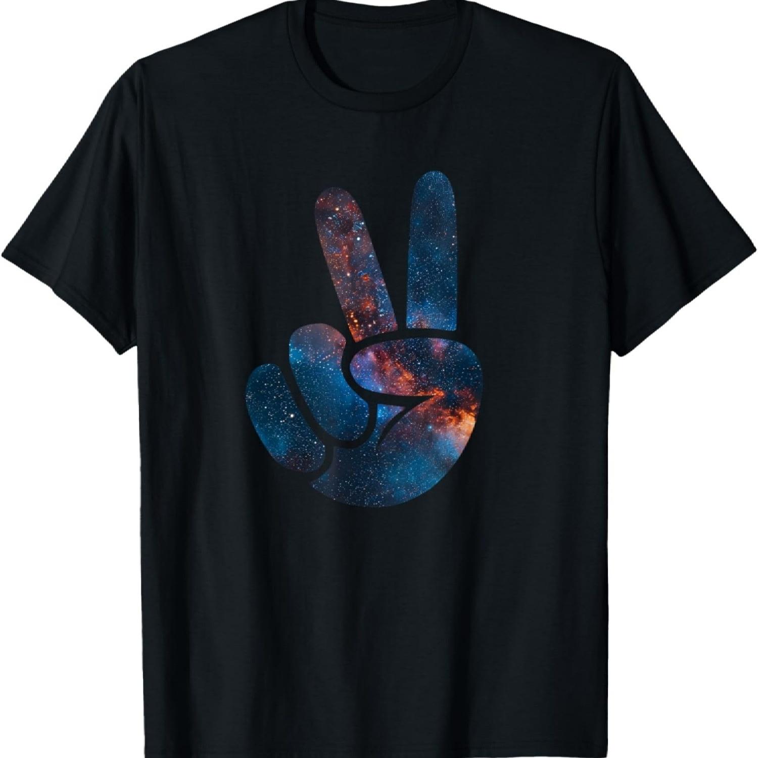 Aesthetic Silhouette Stars Space Galaxy Peace Sign Hand T-Shirt(1) S чёрный