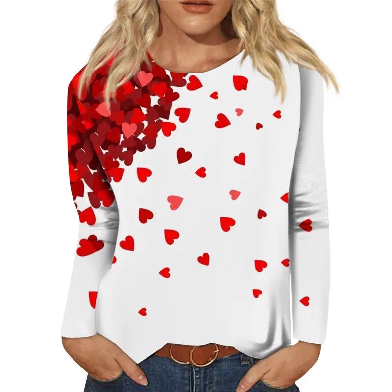 Women's Casual Long-sleeved T-shirt with Red Rose Heart Shape and Black Polka Dot Print Spring/Autumn Fashion Top