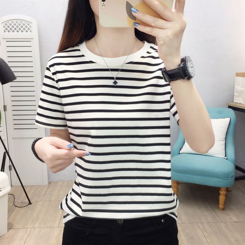 

Discount Counter Withdrawn Plus Size Pure Cotton Easiest for Match Western Style Slimming Shoulder Stripes Short Sleeve T-shirt Top Female Summer White [Premium Unit Pack] 4XL