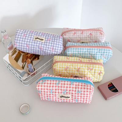 1 Piece Sweet Student Pencil Pouch for Girl Candy Color Lace Bow Plaid Pencil Bag Cartoon Stationery Storage Bag School Supplies