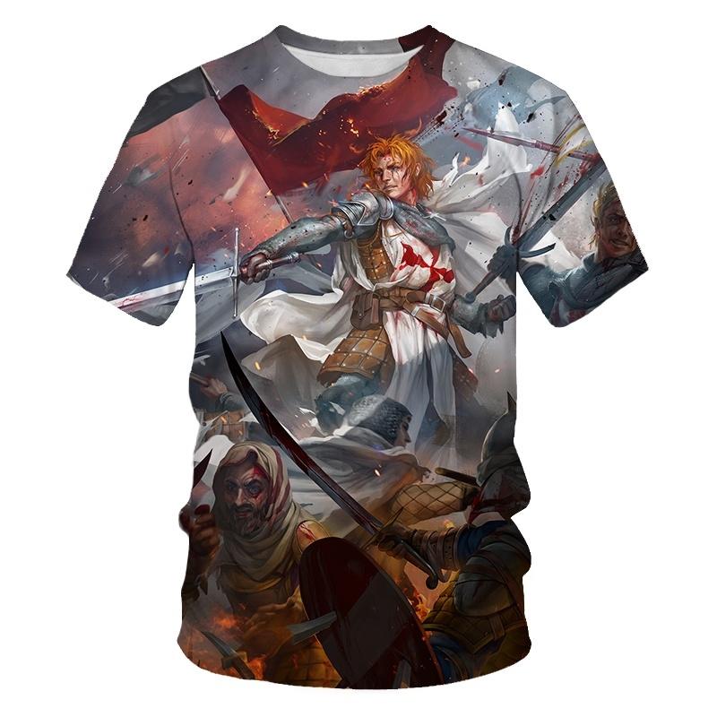 Medieval Knight Templar Print 3D T-shirt Divine Cross Pattern Men's Round Neck Short Sleeve Casual T-shirt Vintage Street Tees