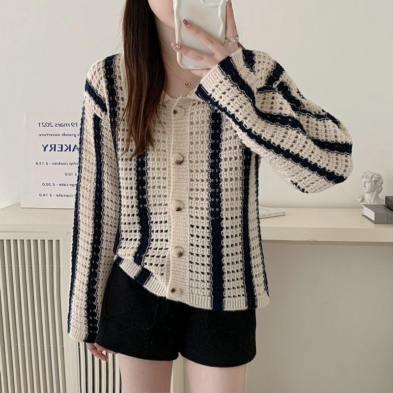 

Ранняя осенняя мода Кардиган Элегантный свитер-жакет с полосатым принтом Новая свободная тонкая женская верхняя одежда Рубашка Ажурные повседневные пальто с длинным рукавом one size синий