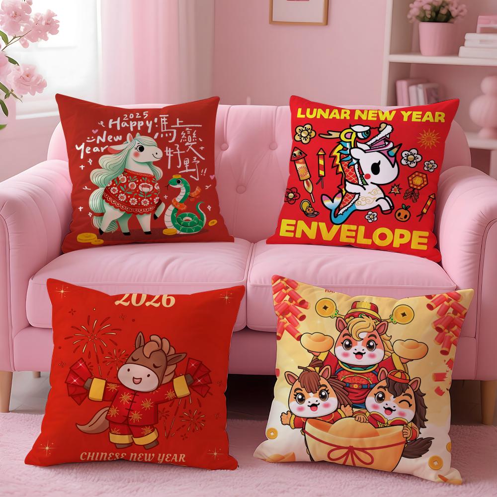 Happy Spring Festival Cushion Cover Short Plush DoubleSided Printing Home Machine Washable In Warm Winter Pillow Case