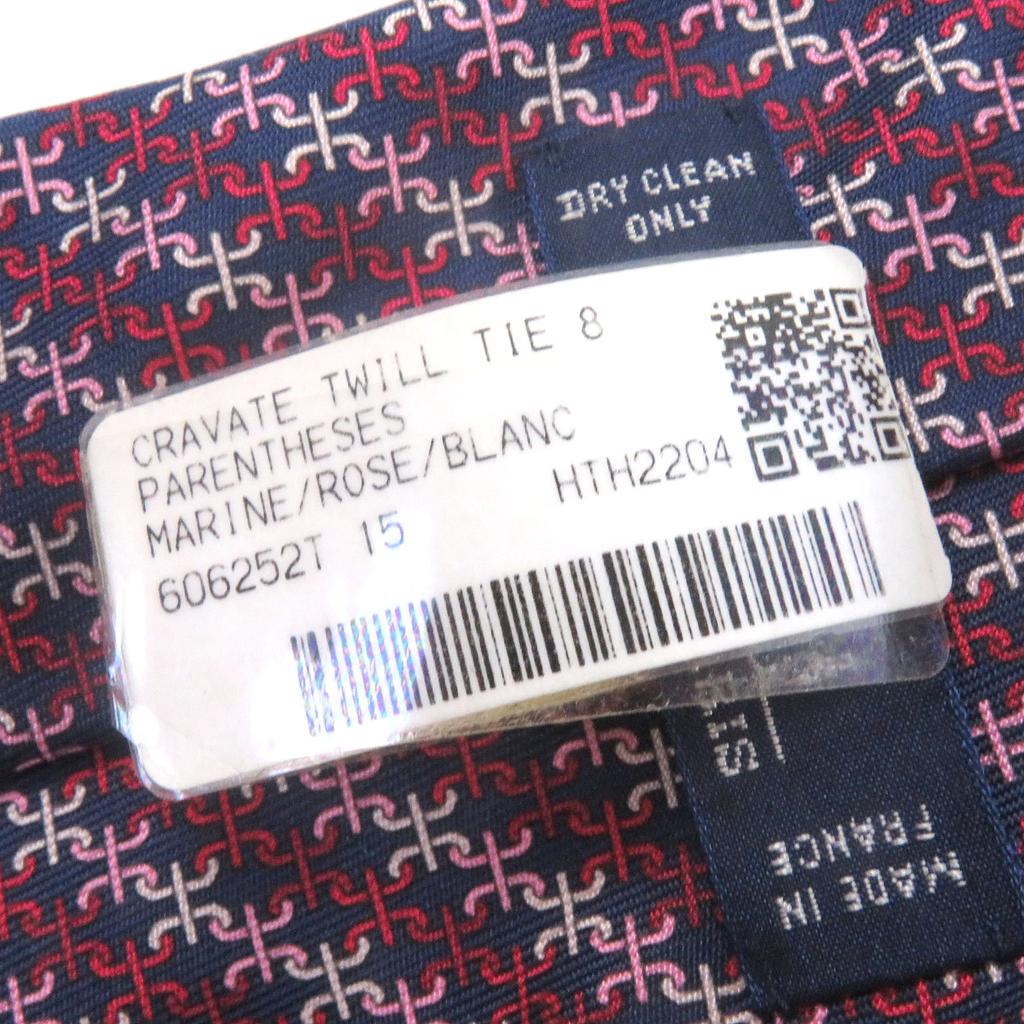 Pristine HERMES Tie PARENTHESES H Logo All-over Pattern Marine Rose Bron Used