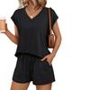 Women V Neck Short Sleeve Top and Shorts Set Casual Two Piece Outfits Soft Fabric Drawstring Waist Loungewear Suit