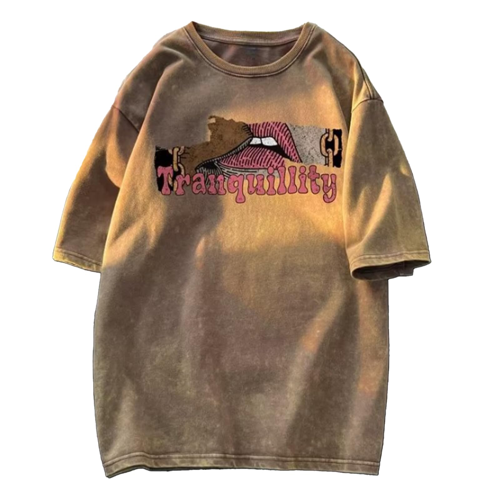 

unifiss Men s Printed T-Shirt, 100% Cotton, Vintage Retro Style, Oversized Silhouette, Short Sleeve, American Casual Wear, Beige, 5S-U17-BEL