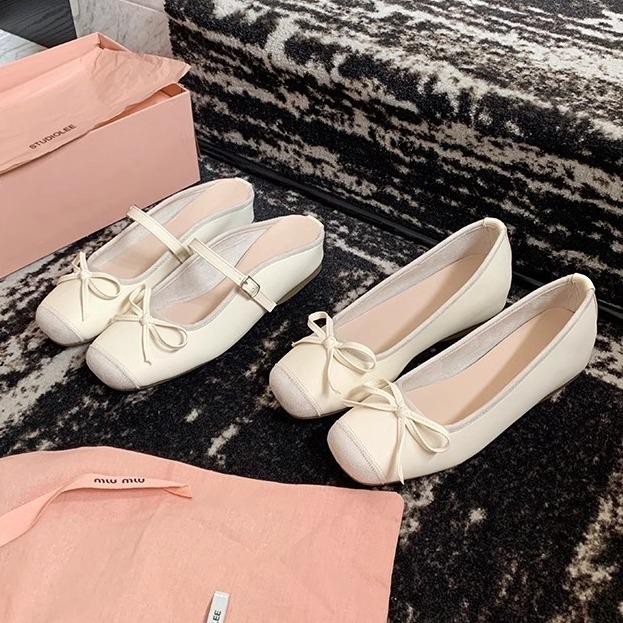 Grape Mother Same French Inner Height Increase Age Reduction Bow Word Ballet Half Drag Sandals Leather Women's Single Shoes Summer