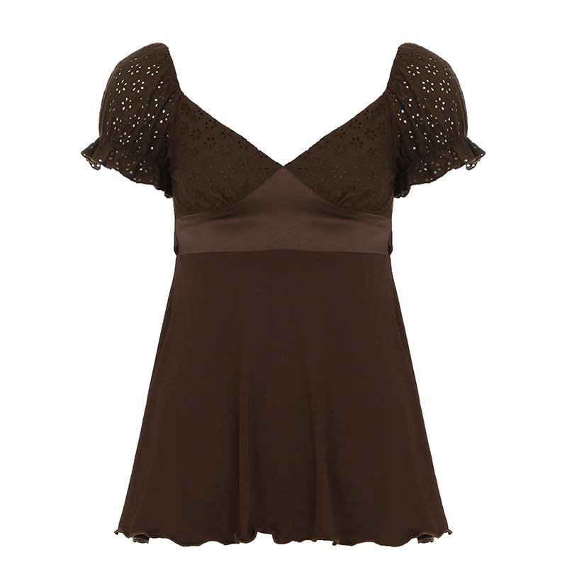 

Женская футболка с коротким рукавом в стиле ретро, летняя новинка, с V-образным вырезом, поясом на талии и груди, рукавами-пузырями M коричневый