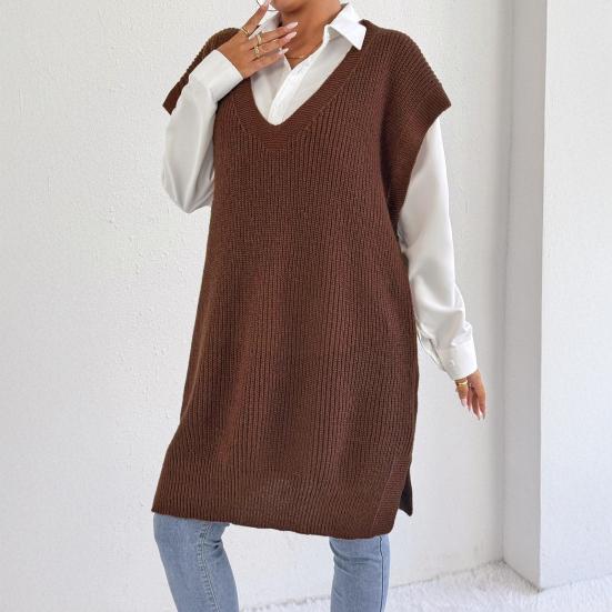Women Sweater Vest V-Neck Sleeveless Solid Color Knitting Vest Loose Fit Side Split Design Casual Sweater Vest