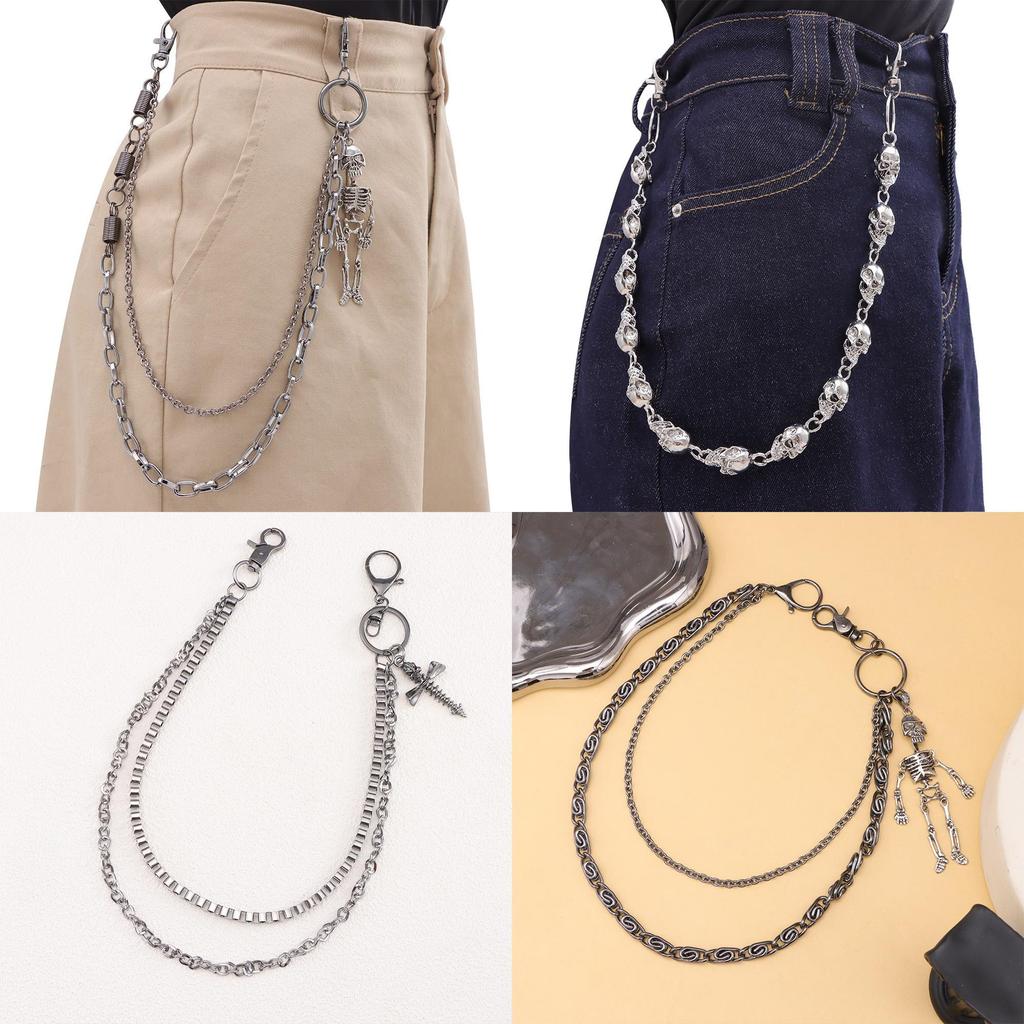 Punk Skull Waist Chain With Metal Double Layer Chain For Hip Hop Style Men Women