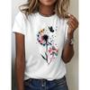 Fresh Artistic Style! White and Colorful Dandelion Butterfly Printed T-Shirt, Women'S Fashion Top