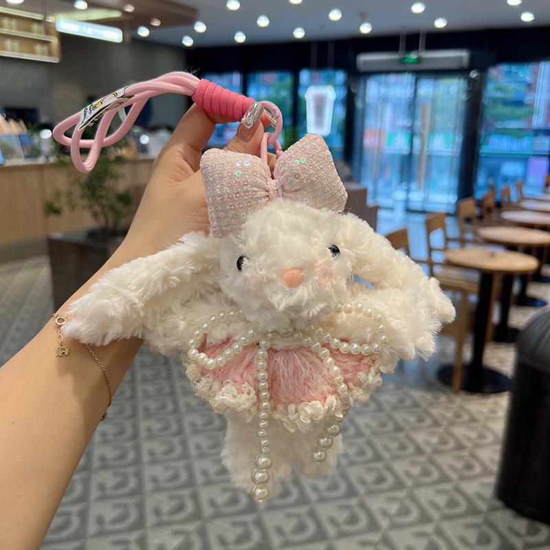 Cartoon Pearl Bow Skirt & Woolen Rabbit Keychain Charm