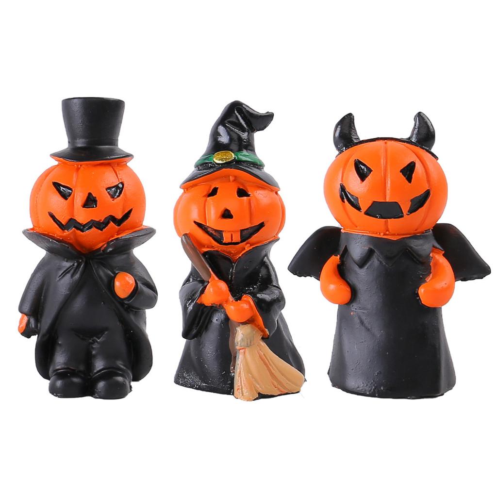 3pcs Halloween Pumpkin Decor Wizard Hat Devil Horns  Miniature Resin Pumpkin Head Decoration for Table Home Bathroom