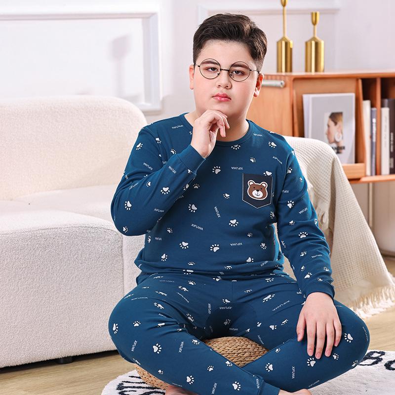 Teen Cotton Wool Pajama Set - Warm Autumn/Winter Underwear for Boys & Students
