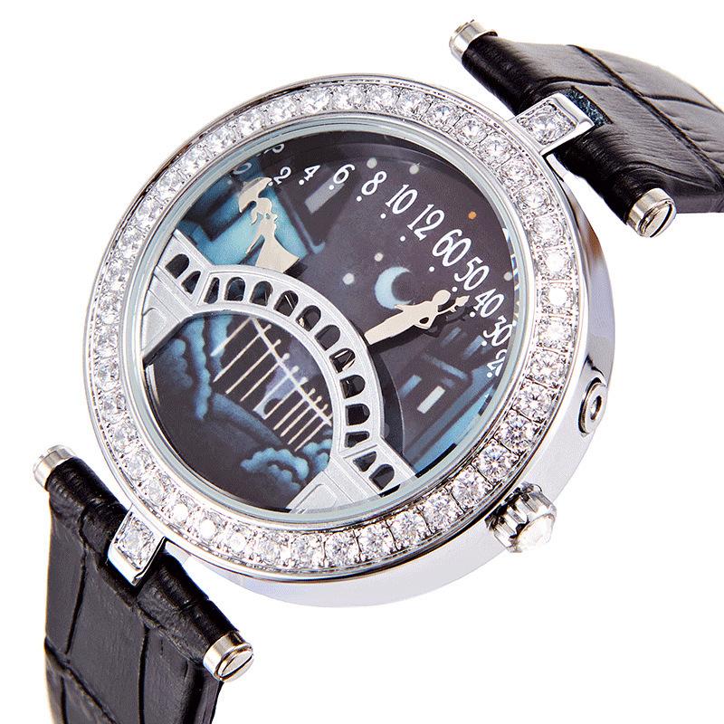 Lover'S Bridge Horloge Diamant Kwarts Band Dameshorloge Poëtische Lover'S Bridge Modehorloge Standard zwart