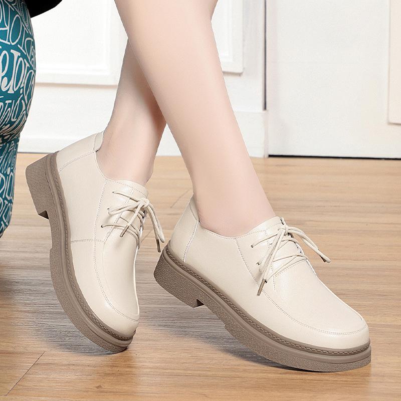 Lace-up leather shoes for women's spring and autumn, women's shoes with soft leather and soft soles, casual and comfortable flat-soled single shoes