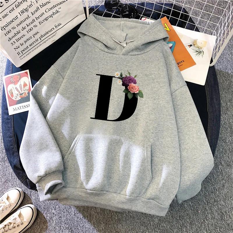 New in Womens Hoodies Casual Letters A-Z Printed Sweatshirts Sportswear Outdoors Sports Jogging Woman Clothing Running Grey Tops