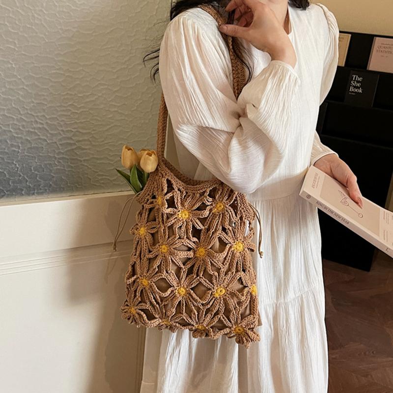 Yogodlns Neue vielseitige gewebte Stroh-Umhängetasche für Damen, handgefertigte gewebte Tasche mit Blumenmuster und Hohlmuster für Damen, Strandtasche für den Urlaub am Meer