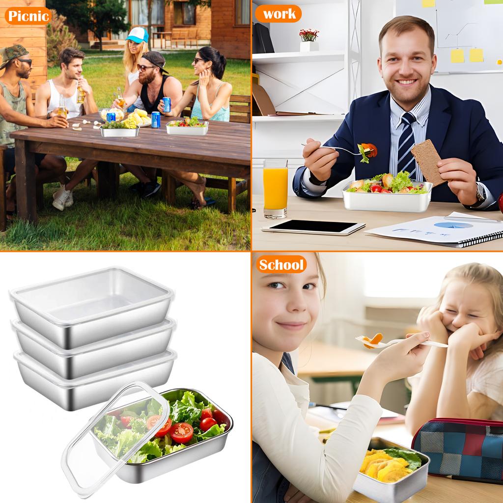4 PCS Rectangular Storage Box Stainless Steel Crisper Sealed Leak-proof Lunch Bento Box Refrigerator Freezer Storage Container