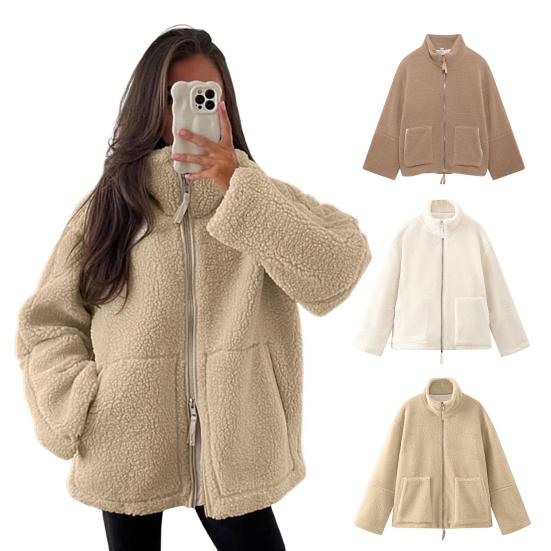 Women's Fleece Jacket Oversized Zip Up Stand Collar Fuzzy Sherpa Coat with Pockets Casual Winter Fall Outerwear