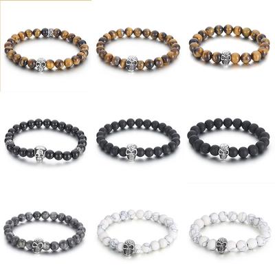 White Pine Handgemachtes Perlenarmband Punk Totenkopf Tigerauge Stein Achat Perle Titan Stahl Armband